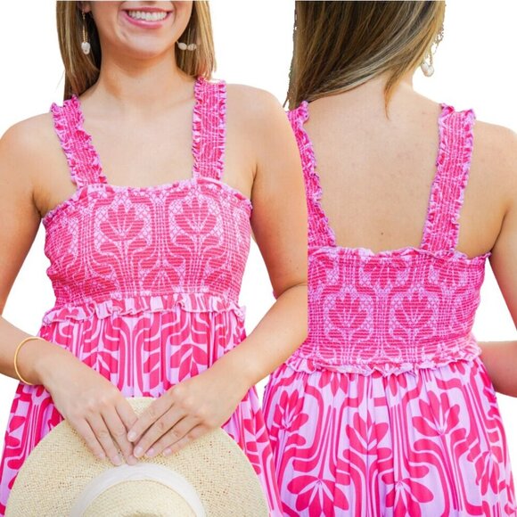 Entro Patterned Smocked Wide Leg Jumpsuit Women's Medium Pink Purple Comfy Boho - Picture 2 of 16